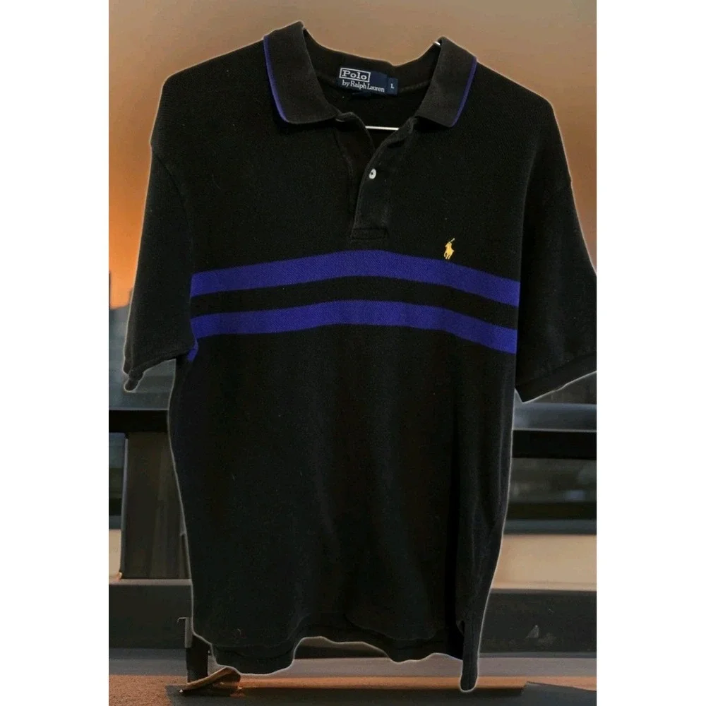 Vintage Polo Ralph Lauren L Black Purple Stripe Yellow Pony Long Fit 90s Rugby